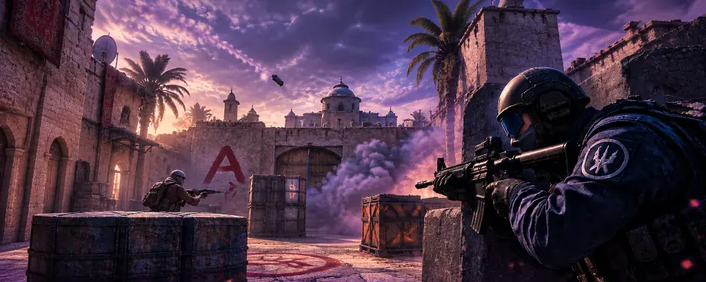 Counter-Strike 2 firefight at bombsite A, CT and T engaged under a purple sunset sky with smoke in the courtyard.