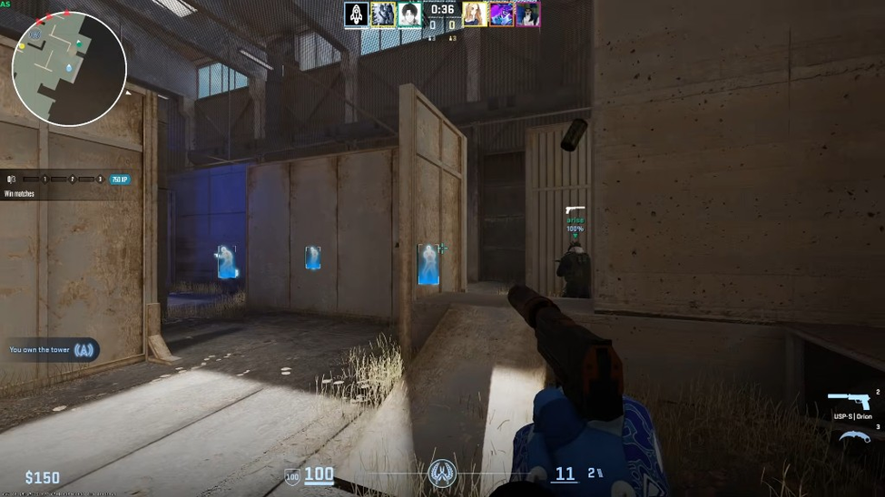 CS2 warehouse practice lane with blue player ESP silhouettes visible through plywood walls, USP-S equipped.