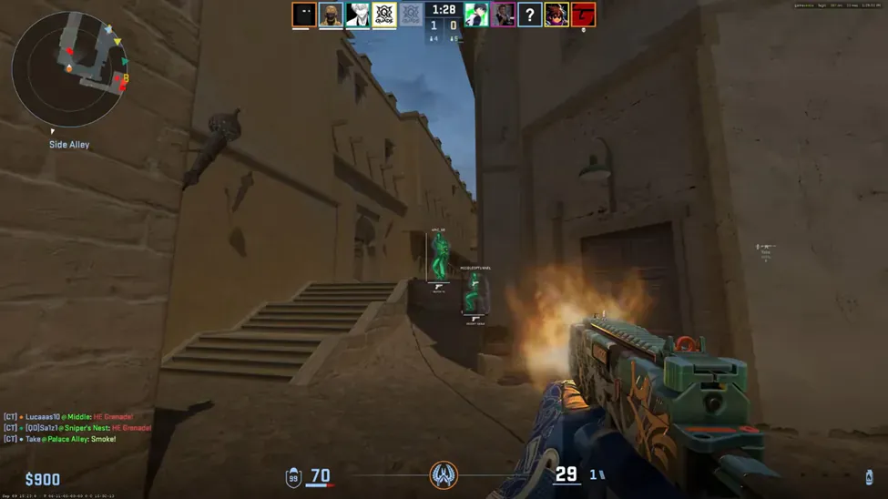 CS2 Mirage alley with green ESP on two players and weapon labels through cover.